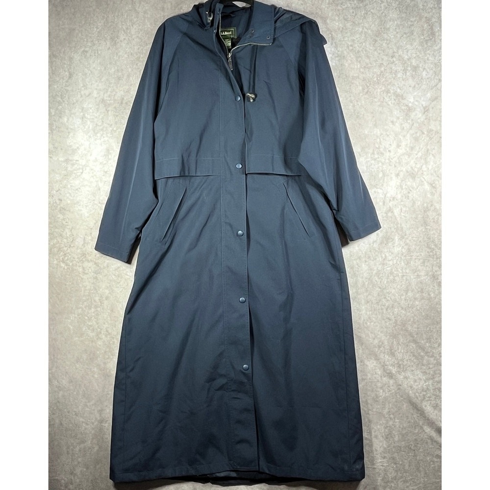 Vintage‎ 90s L.L. Bean Trench Coat Womens Medium Navy Blue Hooded Vented Pockets
